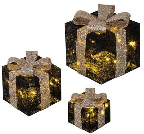 Bambelaa! 3er Led Deko Geschenke Leucht Boxen Timer Weihnachts Dekoration Weihnachtsdeko Beleuchtet Deko Weihnachten Schwarz-Gold