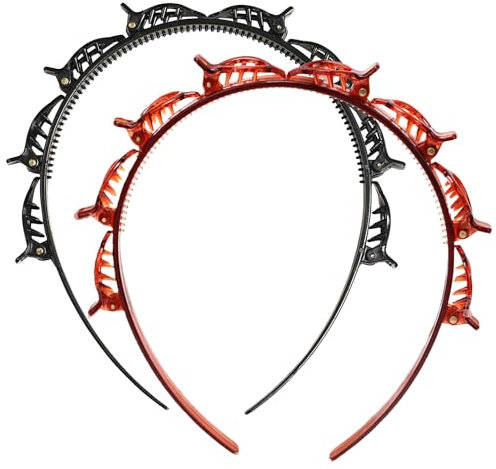 2 Stück Haarreifen Mit Klammern, Haarreif Mit Clips, Double Bangs Hairstyle Hairpin, Haareifen Mit Clips, Haarreifen Damen, Haarreif für Alle Haartypen und Frisuren (Schwarz und Braun, 1)