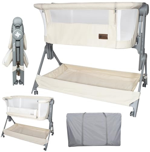 Twinly – Beistellbett Baby Comfortly mit Rollen | Klappbar & Höhenverstellbar (5 Stufen), Atmungsaktiv ab 0+ Monate bis 9 kg, inkl. Matratze, Laken & Tasche – Ohne Montage (Beige)