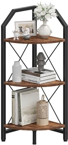 CHOEZON 90cm Corner Shelf, 3-Tier Industrial Style Corner Bookshelf, Corner Storage Stand, Dispaly Stand, Plant Stand, Easy Assembly, for Bathroom, Living Room, Rustic Brown and Black DTCJ03BF