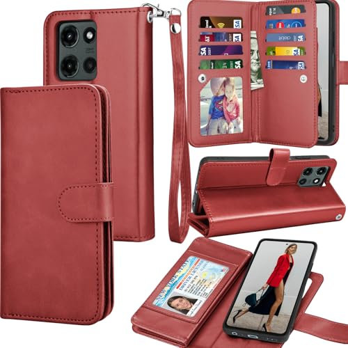 Tekcoo Wallet Case for Motorola Moto G 5G 2025 | Moto G (2025 Only) | XT2513, Luxury PU Leather Cash Credit Card Slots Holder Carrying Folio Flip Cover [Detachable Magnetic Hard Cases] Lanyard - Red