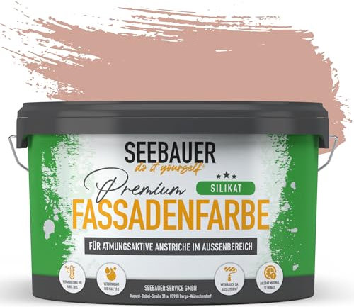SEEBAUER diy Silikat-Fassadenfarbe Rot 5L für Außen (No. 314 Coral Reef) Atmungsaktive Mineralfarbe für Fassaden - Geeignet für Putz, Mauerwerk und Beton