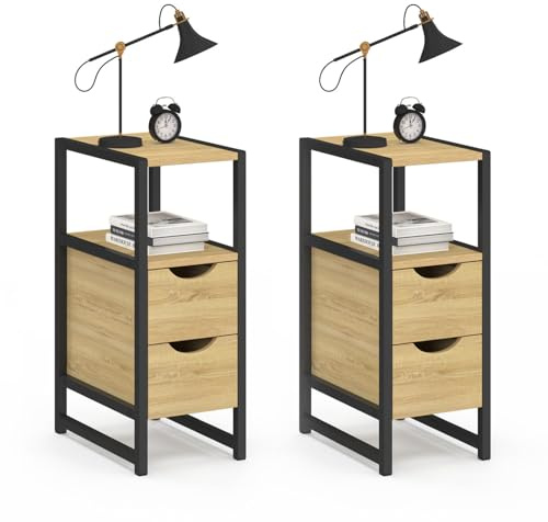 IDMarket - Set mit 2 Nachttischen Detroit 2 Schubladen und 1 Nische, Holz und Metall, Schwarz, Industriedesign