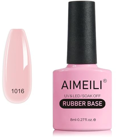 AIMEILI Base Rubber Gel, Cura UV/LED Autonivelante para Uñas Reforzador de Uñas Flexible con Brillo Pegamento para Rhinestones Gelatina Gel Base y Builder 5 en 1, 1016