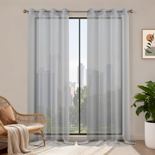 Runyéla Voile Gardinen mit Ösen 2er Set, H 245 x B 140 Stores Gardinen Grau Transparent, Vorhänge Durchsichtig, Ösenvorhang Schlaufenschal für Schlafzimmer Wohnzimmer Küche Sheer Curtains