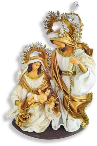 Heilige Familie Krippe Handwerk - Höhe 30 cm - Figuren Maria und Josef auf dem Knie mit Jesuskind - Details Gold und Stoff handverziert