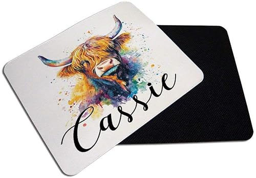 Personalised Colorful Highland Cow custom name gift for kids,Mouse pad, PC/Computer Mat, Desk Mat, Work-Desk-Office/Daily use Computer Accessories.