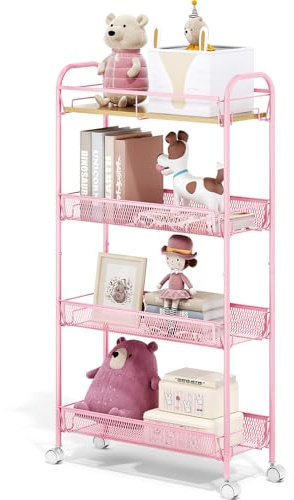KINGRACK 4-Stufen Schmaler Küchenwagen, Rosa | Holzplatte, Schiebe-Körbe, Küche, Badezimmer, Wohnheim, Schlafzimmer
