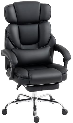 HOMCOM Bürostuhl mit Lendenwirbelstütze, Armlehne, Fußstütze, Schwarz | Ergonomischer Schreibtischstuhl, Verstellbare Kopfstütze, Höhenverstellbarer Drehstuhl aus PU-Leder, Gepolstert Computerstuhl