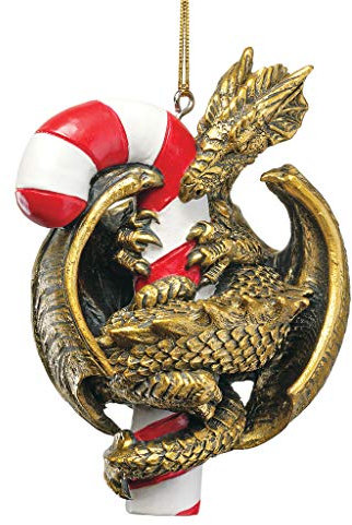 Design Toscano Drache-Statue, Christbaumschmuck, Sweet Tooth Drachen auf Zuckerstange-Feiertags-Verzierung