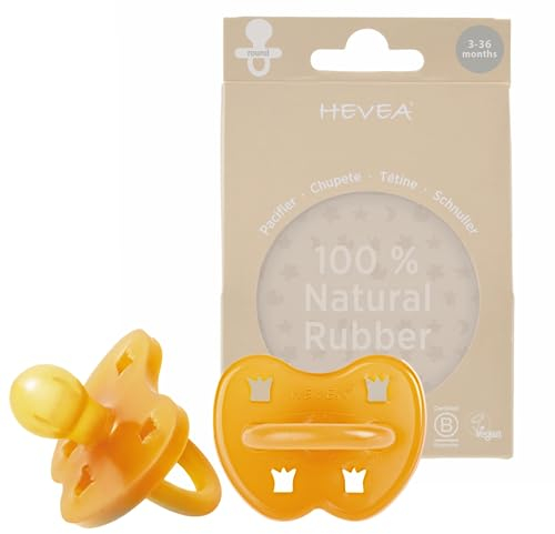 HEVEA Tétine en caoutchouc naturel (lot de 2), à base de plantes, sans plastique, écologique, sans BPA et approuvée pour le contact alimentaire (3-36 mois, forme ronde)