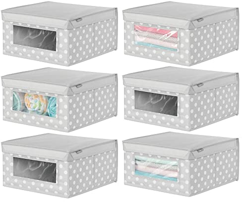 mDesign 6er-Set Aufbewahrungsbox aus Stoff – stapelbare Stoffbox zur Ablage von Kleidung oder Schuhen und als Schrankbox – Aufbewahrungskiste mit Deckel und Sichtfenster – hellgrau/weiß