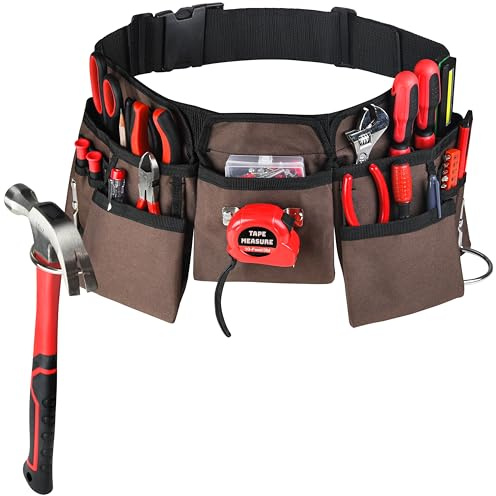 11 Pocket Brown and Black Heavy Duty Construction Tool Belt, Work Apron, Tool Pouch, with Poly Web Belt Quick Release Buckle - Adjusts from 33” Inches All the Way to 50” Inches