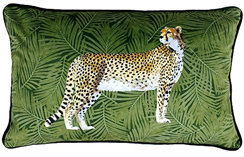 Riva Paoletti Cheetah Wald Kissenbezug - Grün - Palm-Blatt-Entwurf - Velvet Gefühl Stoff - Piped Edges - Maschinenwaschbar - 100% Polyester - 30 X 50 Cm (12 X 20 Zoll) - Entwickelt In Großbritannien