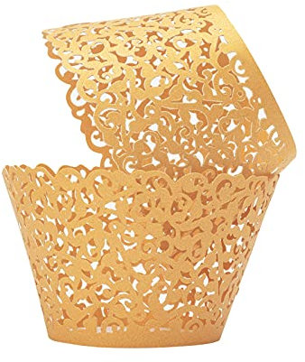 T-Language 50pcs Cupcake Wrappers Lace Cupcake Liners Laser Cut Artistic Bake Cake Paper Cups Muffin Paper Holders for Wedding Party Birthday Decoration (Gold)