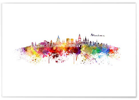 JUNIWORDS Poster mit/ohne Holzrahmen, Wähle ein Motiv, Aquarell Skyline Mainz, Wähle eine Größe, 60 x 90 cm (XL) ohne Rahmen