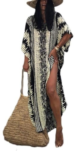 Bsubseach Loose Beach Kaftan Dress for Women Short Sleeve Swimsuit Cover Ups for Swimwear Black