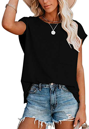 ANCAPELION Damen Casual T-Shirt Kurzarm Sommer Tops Lose Oberteile Rundhals Basic Bluse mit Tasche Einfarbig Schwarz S