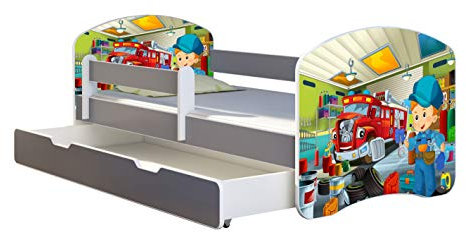 ACMA Kinderbett Jugendbett mit Einer Schublade und Matratze Grau mit Rausfallschutz Lattenrost II (45 Mechaniker, 180x80 + Bettkasten)