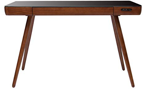 Miliboo - Escritorio con conexión multimedia con cajón de cristal, color negro y madera oscura nogal L120 cm Clever