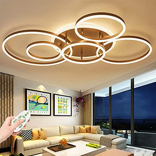 LED Deckenleuchte Modern Wohnzimmer Dimmbare Deckenlampe Mit Fernbedienung Deckenlicht Rings Design Innen Deckenbeleuchtung Esszimmer Schlafzimmer 6 Ring Metall Pendellampe [Energieklasse A++],Braun …