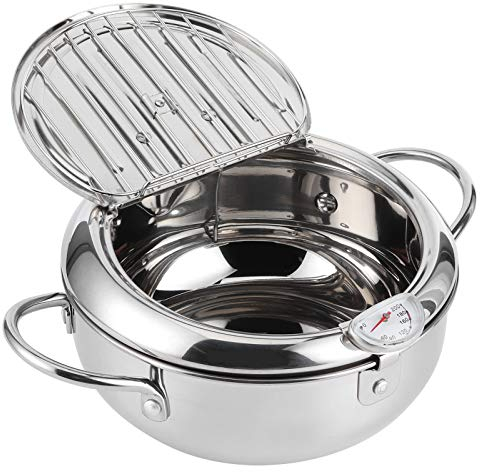 Poêle à Frire Tempura, Friteuse de Style Japonais, Batterie de Cuisine en Acier Inoxydable avec Thermomètre, Couvercle, égouttoir à Huile(Large 24cm)
