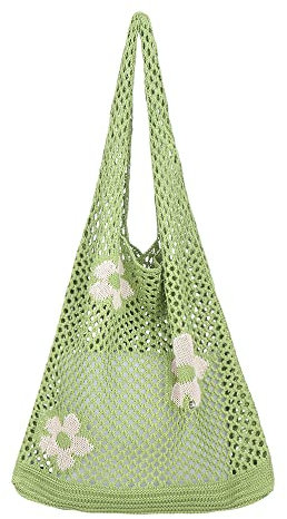 Ovida Häkeltasche Mesh Strandtasche Fairycore Hobo Tasche Fairy Grunge Ästhetische Schultertasche Y2k Geldbörse für Frauen Mädchen, A-grüne Blume, Einheitsgröße