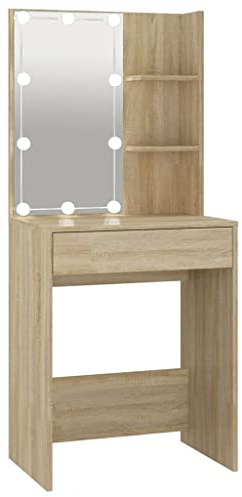 vidaXL Schminktisch mit LED Stauraum Frisiertisch Kommode Frisierkommode Kosmetiktisch Spiegel Beleuchtung Schlafzimmer Sonoma-Eiche 60x40x140cm