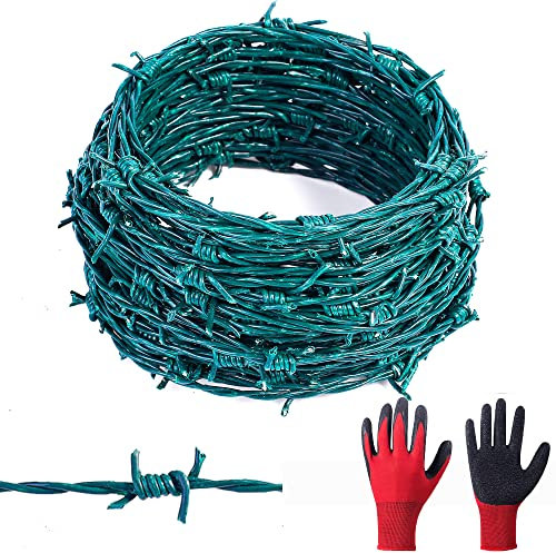 Green Barbed Wire 1.6mm x 15.4 Metres (50ft) 18 Gauge 4 PT Carft Wire, Plastic Covered Barbed Wire Real Barb Wire Easy to Bend Perfect for Yard or Crafts Plastic Coated Barbed Wire