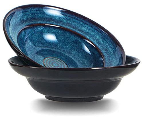 STE-CER Ceramic Pasta Salad bowl, 10 Wide Rim Soup Bowls, 48oz Deep Porcelain Pasta Plate,Set of 2,Large Serving Bowls for Kitchen,Microwave Safe(Starry Blue)