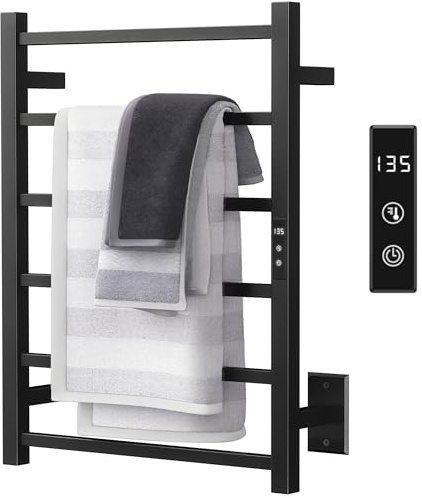 Sharpeye Towel Warmer Rack with 24hr Timer, Matte Black Heated Towel Rack for Bathroom, Plug-in/Hardwired, Wall Mounted 6-Bar Electric Towel Warmer with Temperature Control