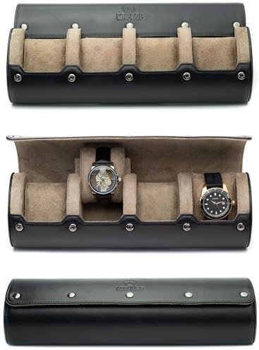 M Mirage Luxury Travel Uhrenrolle, Reiseetui, 4 Fächer, Leder-Uhrenetui, Aufbewahrung für Reisen, schwarzes Vollnarbenleder (innen beige)