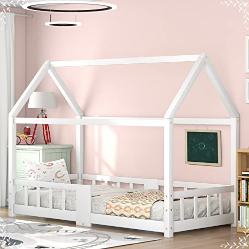 AMDXD Kinderbett Hausbett 90 x 200 cm, Einzelbett Holzbett für Kinderzimmer, inkl. Tafel, Lattenrosten, Rausfallschutz, Massivholzbett aus Kiefernholz, Weiß (ohne Matratze)