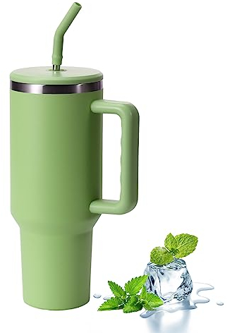 YsinoBear Tumblers Cup with Straw, Lid and Handle, 40oz/1200ml Stainless Steel Coffee Travel Insulated Mug, Leak Proof Vacuum Water Bottle for Hot Iced Drink, High Capacity Green/B