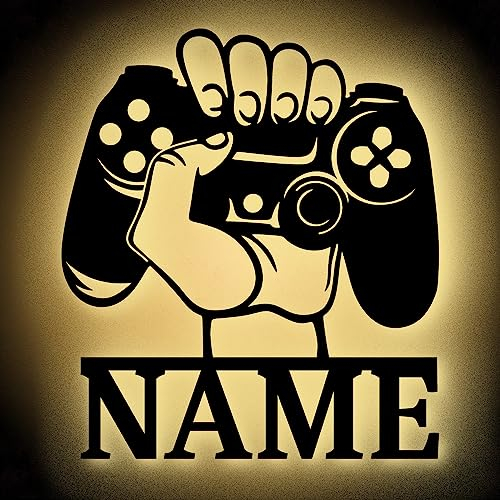 Urhome Gaming Controller Hand Stimmungslicht LED Warmweiß - Name personalisiert - Holz Zimmer Beleuchtung Gamer Licht Lampe Schild Wanddeko für Kinder Jungen Jungs Männer PC Konsole Spieler