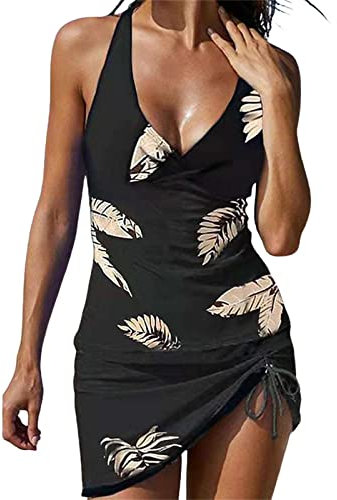 Tankini Damen Bauchweg Bedruckter Zweiteiler Badeanzug Push Up Swimsuit Beachwear Set mit Hot Pants Bikini Oversize Sport Tankini mit Rock 2-teilige Badebekleidung Farbblock-Badeanzüge (71-Black, XXL)