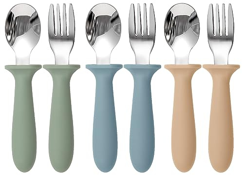 Eascrozn Toddler Utensils, 6 Pack kids Silverware Set with Silicone Handle, 18/8 Stainless Steel Children Safe Forks and Spoons, Dishwasher Safe