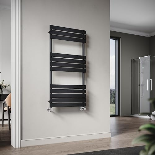 ELEGANT Flat Panel Heated Towel Rail Black Bathroom Wall Mounted Ladder Radiator 1200 x 600 mm Modern Central Heating Towel Warmer