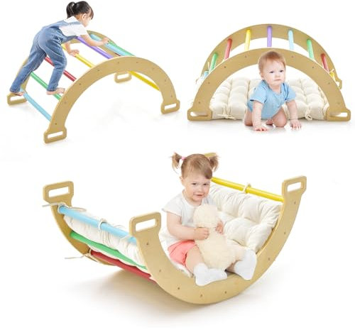 COSTWAY Toddler Climbing Frame, Kids Wooden Arch Climber Ladder with Cozy Cushion, Indoor Montessori Play Gym (Colorful)