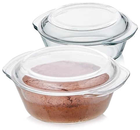 KHG Auflaufformen aus Glas mit Deckel 2er Set 1,5 Liter Rund für kalte & warme Speisen, spülmaschinenfest, mikrowellengeeignet, Glasbräter Glasform Backform, 23x10x21 cm