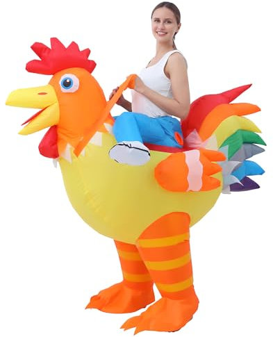 JOYBRO Disfraz Hinchable de Pollo para Adultos, Divertido Traje de Montar Gallo para Hombre y Mujer, Ideal para Halloween, Carnaval, Cosplay y Fiestas Temáticas, Talla Única 160–190 cm