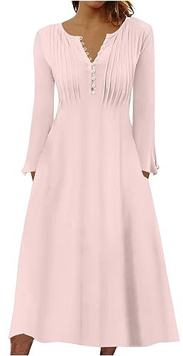Strandkleider Damen Sommer, Damen Abendkleider Kleid Lang Damen Maxikleid Einfarbiges Trompetenärmel Abiballkleid Swing Freizeitkleid Damen Kleider Sommer Kurz Blusenkleid Damen Lang(Rosa,XL)