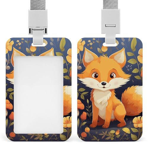 Porte-badge coulissant avec lanière verticale pour carte d'identité, animal mignon, renard, fleur de renard, étui de protection en plastique avec fenêtre transparente pour cartes de crédit pour