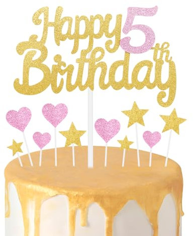 Gold Pink 5th Birthday Cake Topper, Girls Decorations, Glitter Heart Stars Toppers, Personalised Happy Cake Cupcake Toppers for Women Girls Baby Party Supplies