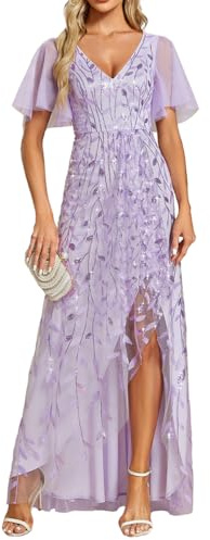 Ever-Pretty Abendkleider Lange Chiffon V-Ausschnitt Hochzeitskleider Brautjungfernkleider Gästekleider Lavendel 44