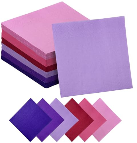 Gcardist Pink Purple Cocktail Napkins 6 Colors 25 * 25cm Disposable Beverage Napkin Paper for Cocktail, Wedding, Dinner，Birthday Party Dessert Wine Paper Napkins（ 120 Count）