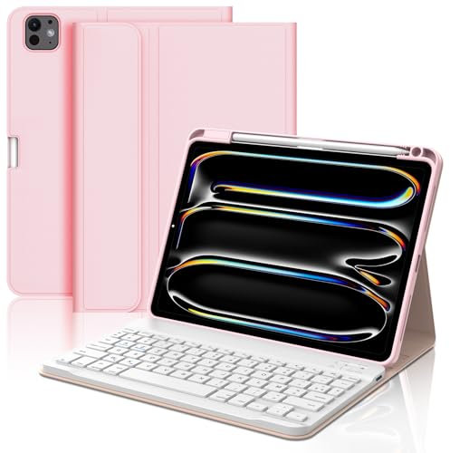 IVEOPPE Coque Clavier iPad Pro 11 Pouces 2024, Étui Clavier Détachable sans Fil Bluetooth Clavier AZERTY avec Porte-Stylet pour iPad Pro 11 M4 2024, Rose