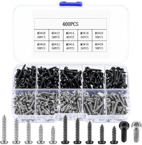 400 Pz M3 Viti Autofilettanti Torx a Testa Tonda e Cilindrica - Per Legno, Lamiera, Metallo, Plastica - Nero e Argento