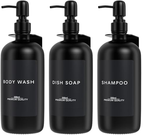 3 Pack Wall Mounted Glass Soap Dispenser Bottle with Pump, Drilling&No Drilling Installtion Shower Soap and Conditioner Dispenser, Shampoo Dispenser for Bathroom with 18 Waterproof Labels