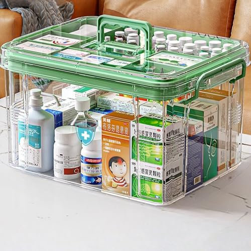Green-L Household First Aid Double Layers Multi Grid Box with Lid - Portable Medicine Cabinet for Home and School
